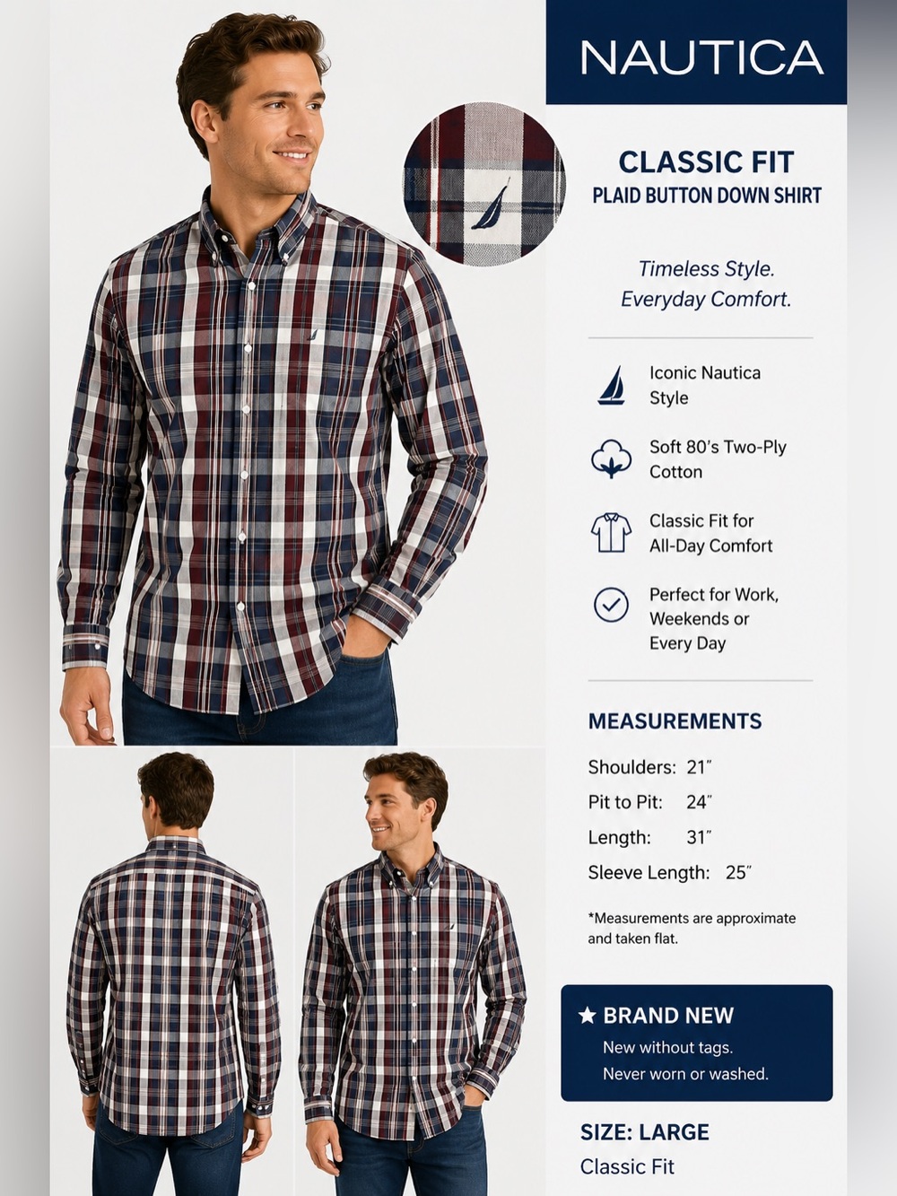 Nautica Men's Plaid Button-Down Shirt in Navy, Burgundy & White